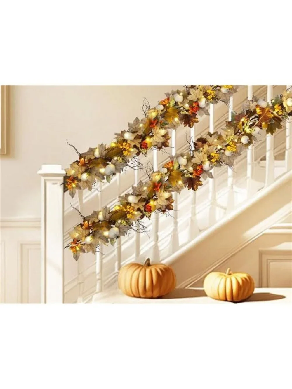 Lighted Fall Garland with Maple Leaves White Pumpkins Berry 6FT